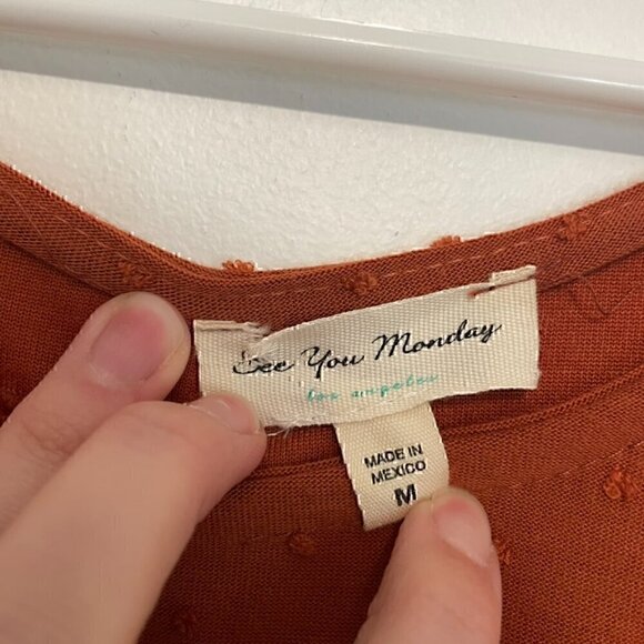 SEE YOU MONDAY Burnt Orange Swiss Dot Tie Shoulder Strap Mini Fit & Flare Dress - Picture 3 of 12